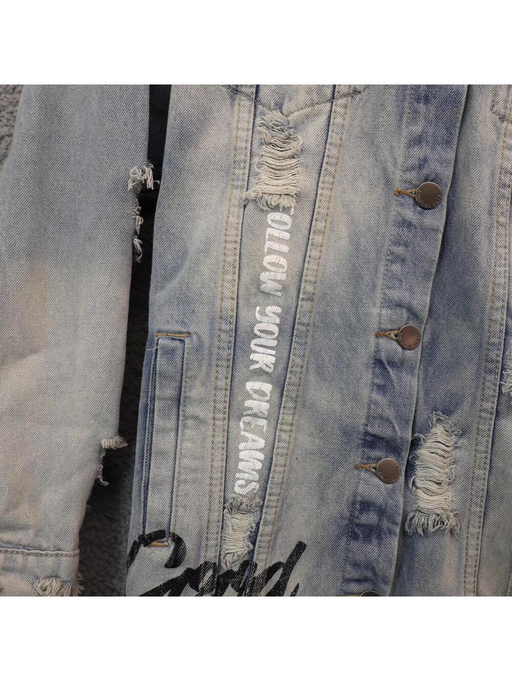 Jean Jacket Long Womens Large American Bazi Distressed Denim - Picture 10 of 11